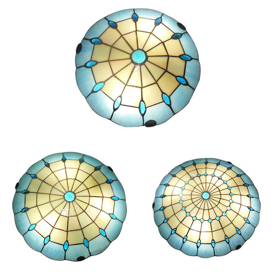 Tiffany Blue Dome Shade Flush Mount Ceiling Light with Jewel Decoration - Available in 12"/16"/19.5" Width - Perfect for Bedroom