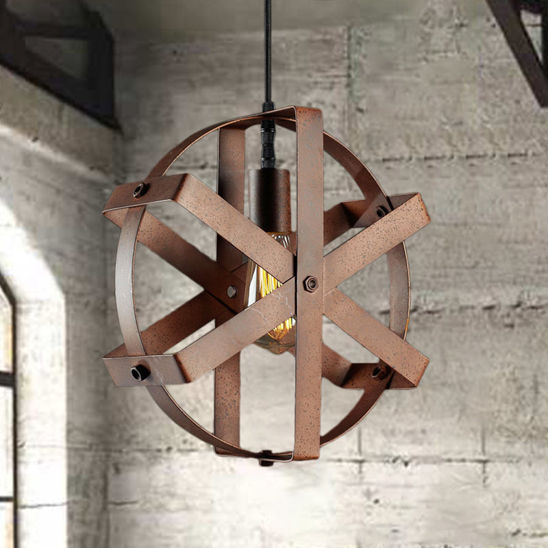 Rustic Rust Iron Round Cage Pendant Light - 1-Light Hanging Ceiling Fixture For Dining Room