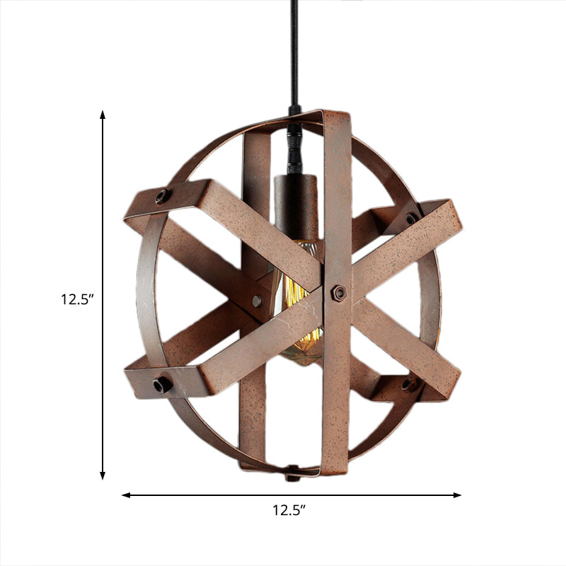 Rustic Rust Iron Round Cage Pendant Light - 1-Light Hanging Ceiling Fixture For Dining Room