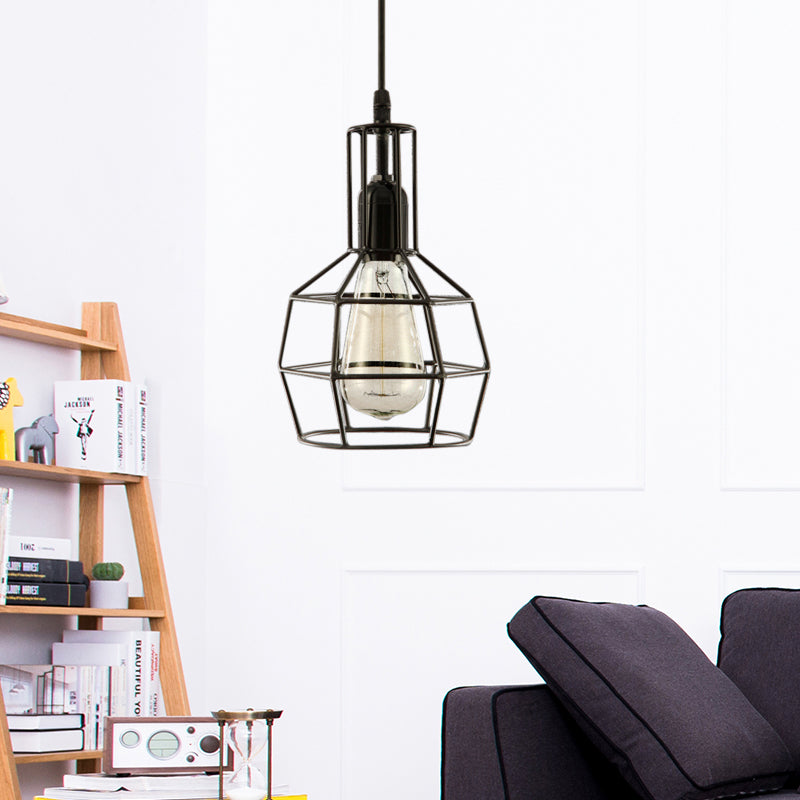 Retro Black Metal 1-Light Prism Cage Pendant Ceiling Light – Ideal for Living Room