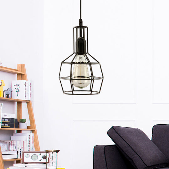 Retro Black Metal 1-Light Prism Cage Pendant Ceiling Light – Ideal for Living Room