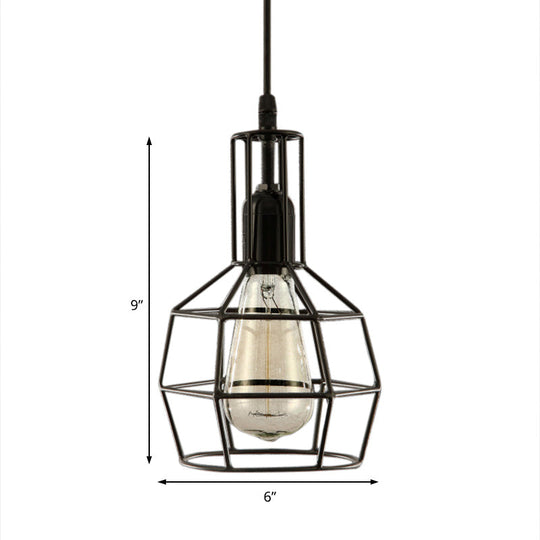 Retro Black Metal 1-Light Prism Cage Pendant Ceiling Light – Ideal for Living Room