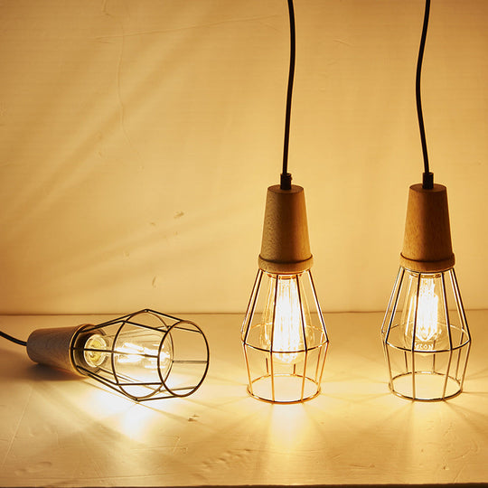 Industrial Style 1-Light Ceiling Pendant Lamp With Geometric Cage Design Wooden Top In