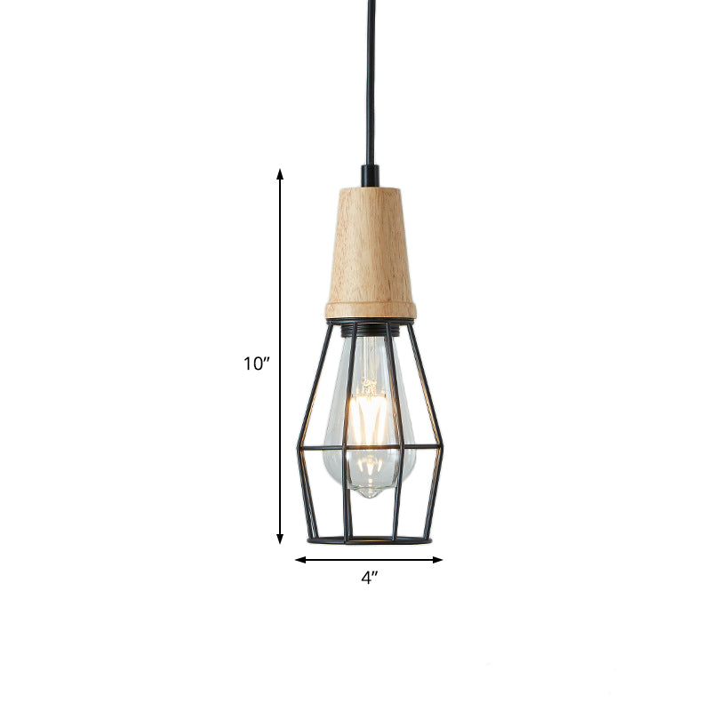 Geometric Iron Pendant Lamp with Wooden Top - Industrial Style Ceiling Light for Bedroom