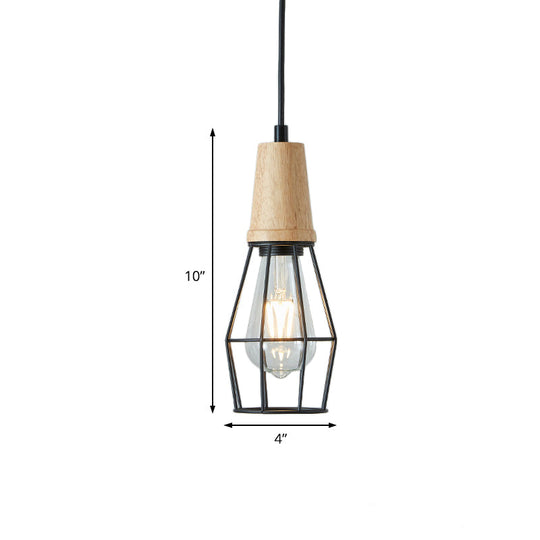 Geometric Iron Pendant Lamp with Wooden Top - Industrial Style Ceiling Light for Bedroom