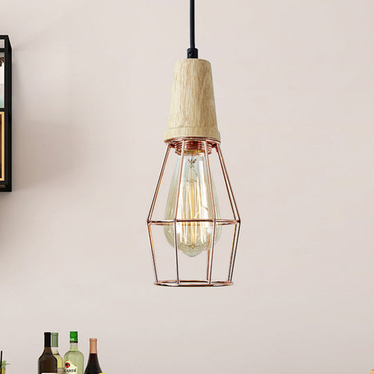 Geometric Iron Pendant Lamp with Wooden Top - Industrial Style Ceiling Light for Bedroom