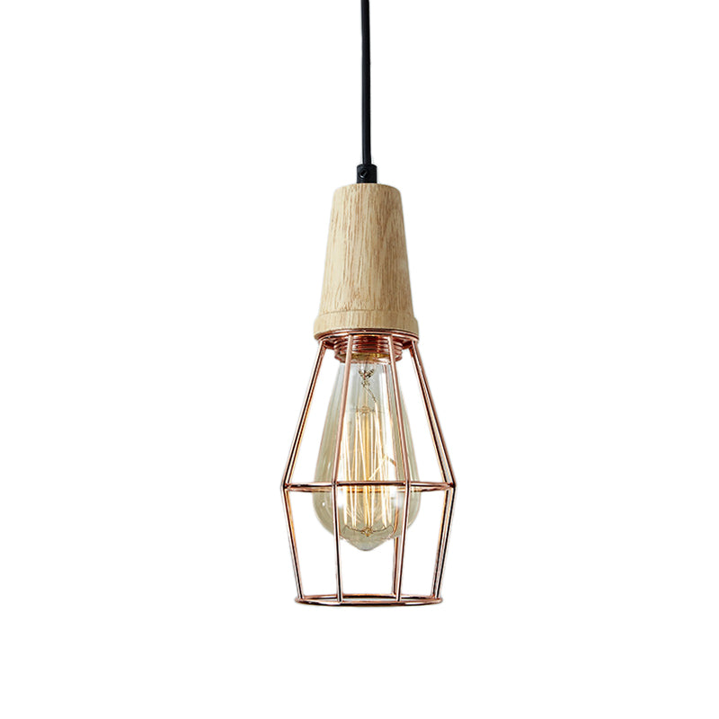 Geometric Iron Pendant Lamp with Wooden Top - Industrial Style Ceiling Light for Bedroom