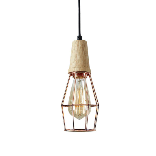 Geometric Iron Pendant Lamp with Wooden Top - Industrial Style Ceiling Light for Bedroom