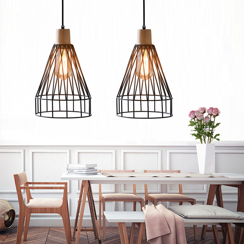 Modern Geometric Wire Cage Pendant Light With Wooden Top 1-Light Black / 13