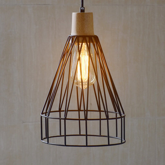 Modern Geometric Wire Cage Iron Pendant Lamp with Wooden Top - 12"/13" H, 1-Light, Black - Bedroom Lighting Fixture