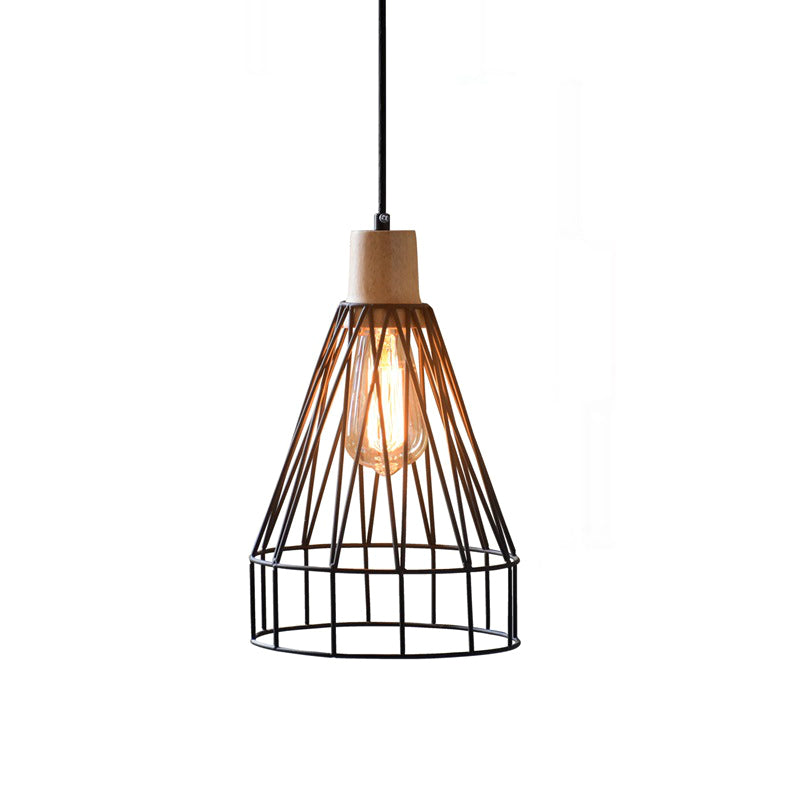 Modern Geometric Wire Cage Iron Pendant Lamp with Wooden Top - 12"/13" H, 1-Light, Black - Bedroom Lighting Fixture