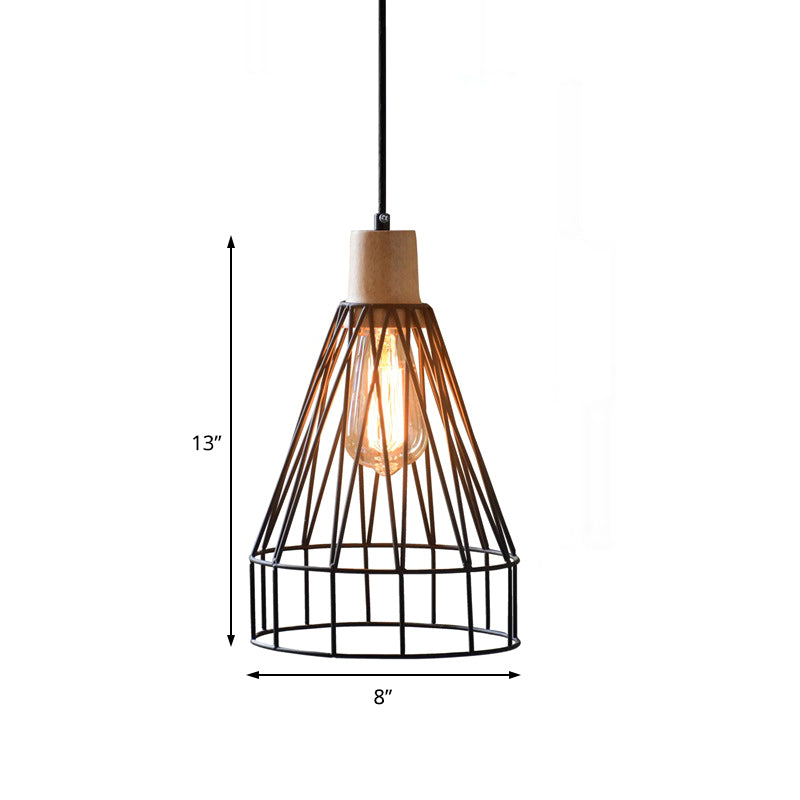 Modern Geometric Wire Cage Iron Pendant Lamp with Wooden Top - 12"/13" H, 1-Light, Black - Bedroom Lighting Fixture
