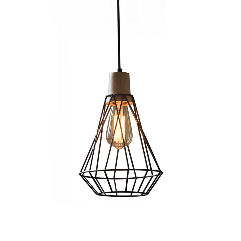 Modern Geometric Wire Cage Iron Pendant Lamp with Wooden Top - 12"/13" H, 1-Light, Black - Bedroom Lighting Fixture