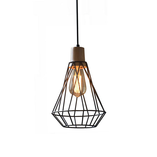 Modern Geometric Wire Cage Pendant Light With Wooden Top 1-Light Black