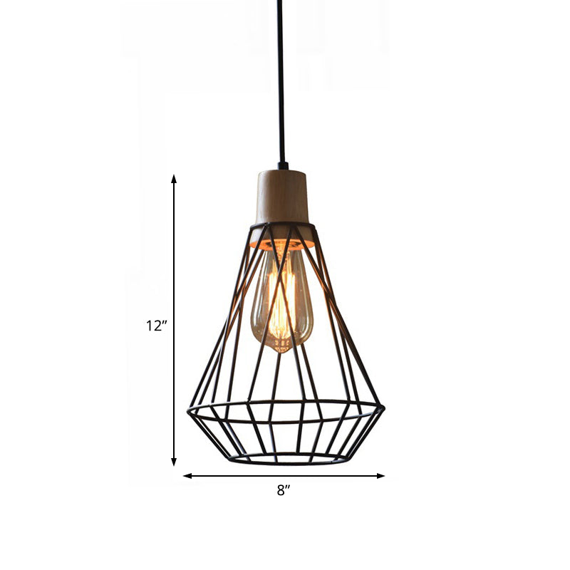 Modern Geometric Wire Cage Iron Pendant Lamp with Wooden Top - 12"/13" H, 1-Light, Black - Bedroom Lighting Fixture
