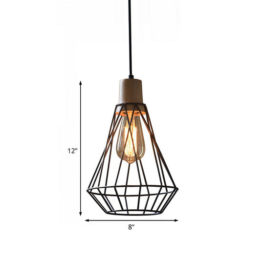 Modern Geometric Wire Cage Iron Pendant Lamp with Wooden Top - 12"/13" H, 1-Light, Black - Bedroom Lighting Fixture