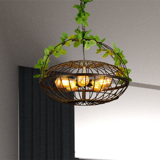 Lustre suspendu en métal : abat-jour cage en panier noir industriel à 5 ​​ampoules avec lampe suspendue et plante – Idéal pour les restaurants