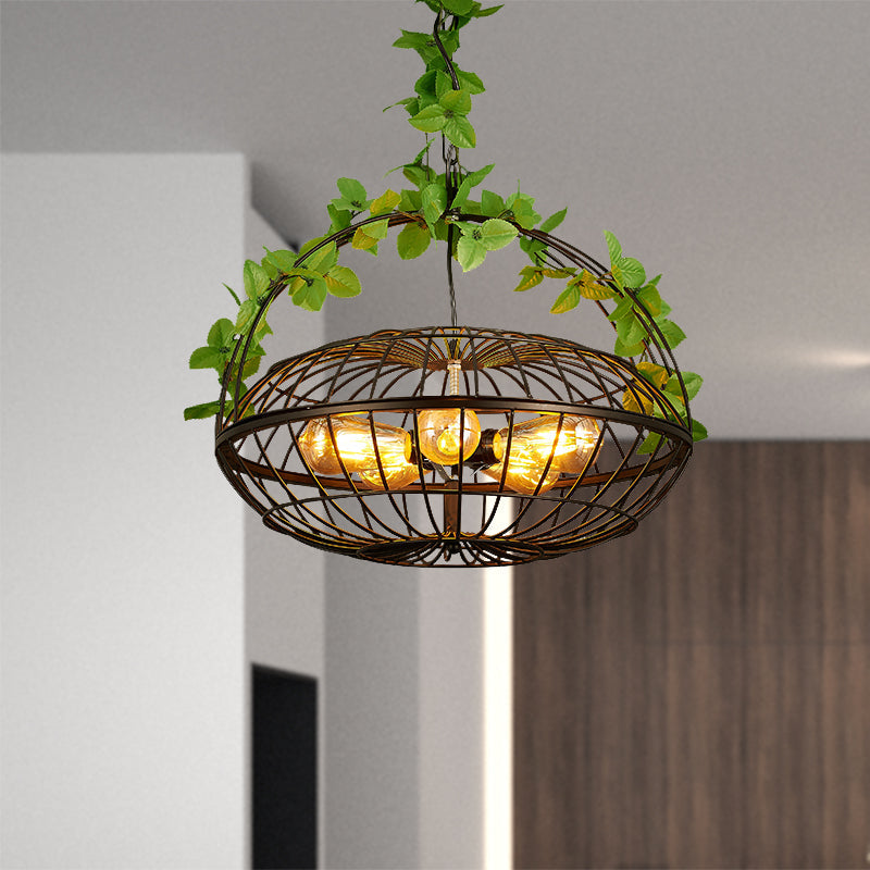 Lustre suspendu en métal : abat-jour cage en panier noir industriel à 5 ​​ampoules avec lampe suspendue et plante – Idéal pour les restaurants