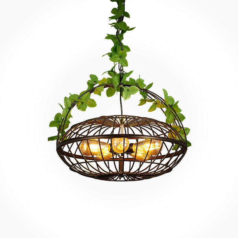 Lustre suspendu en métal : abat-jour cage en panier noir industriel à 5 ​​ampoules avec lampe suspendue et plante – Idéal pour les restaurants