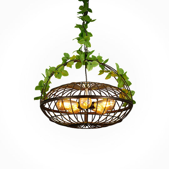 Lustre suspendu en métal : abat-jour cage en panier noir industriel à 5 ​​ampoules avec lampe suspendue et plante – Idéal pour les restaurants