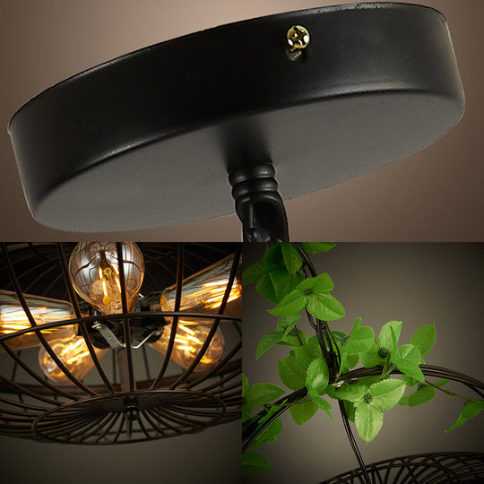 Lustre suspendu en métal : abat-jour cage en panier noir industriel à 5 ​​ampoules avec lampe suspendue et plante – Idéal pour les restaurants