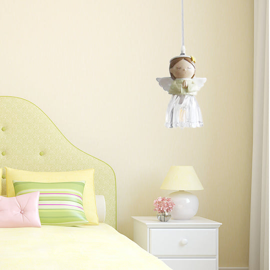 Green Resin Angel Child Pendant Light - Single Bulb Hanging Fixture For Bedroom
