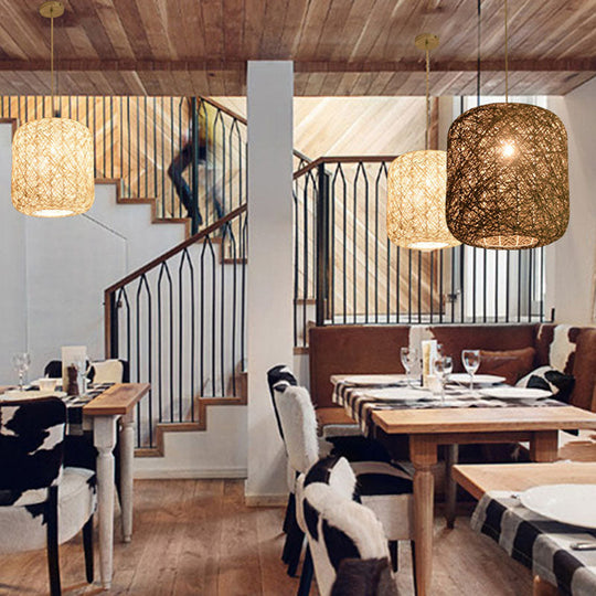 Chinese Style Rattan Hanging Pendant Lamp For Restaurants - Cylinder Ceiling Lantern With 1 Bulb