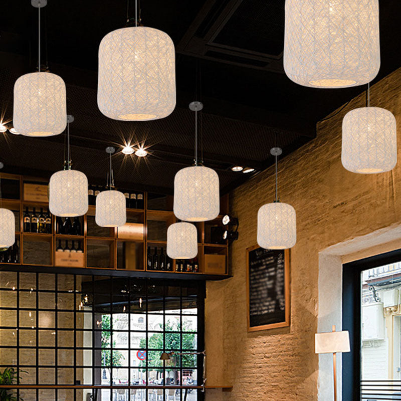 Chinese Style Rattan Hanging Pendant Lamp For Restaurants - Cylinder Ceiling Lantern With 1 Bulb