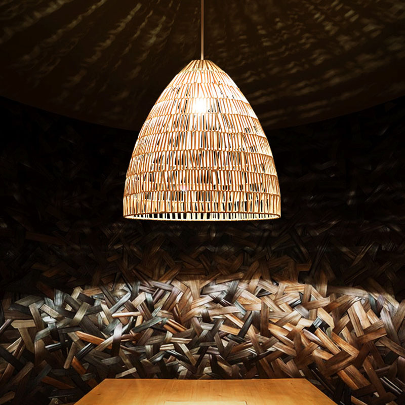 Rattan Hanging Ceiling Light - Asian-Inspired Single Wood Pendant Fixture