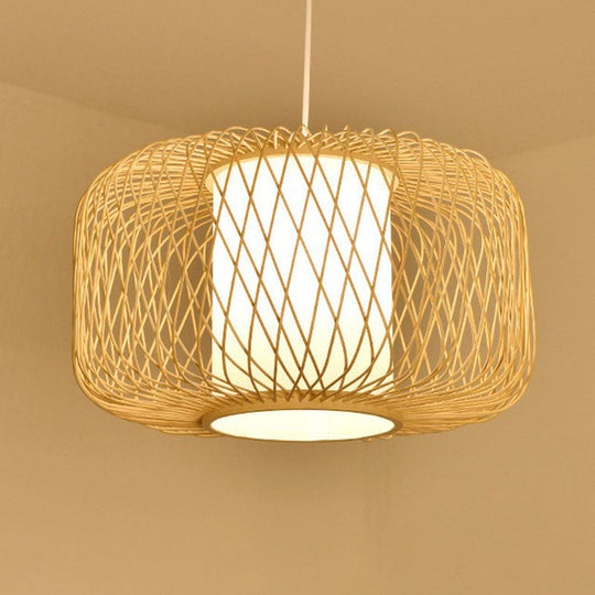 Bamboo Cage Lantern Pendant Light Fixture - Asian-Inspired 1-Light Bistro Suspension Lamp In Wood