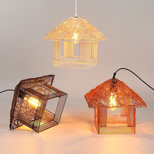Country Style Rattan House Pendant Ceiling Light - Single Bulb Hanging Fixture