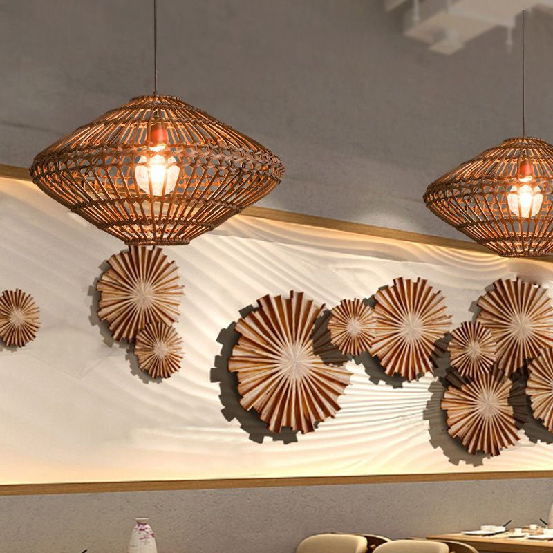 Rattan Ufo Pendant Light - Asian-Inspired Coffee Suspension Fixture 1-Light