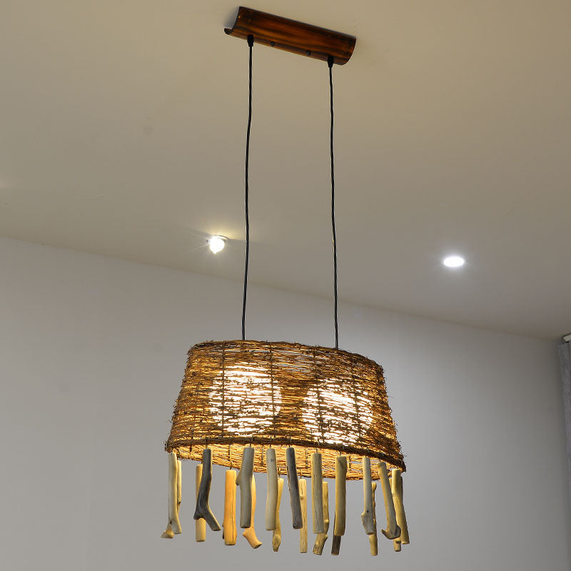 Rustic Rattan Wood Drop Pendant Light - 1 Head Oval Ceiling Hang For Restaurants