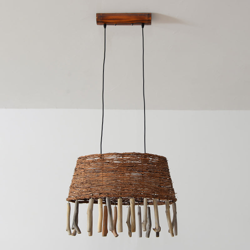 Rustic Rattan Wood Drop Pendant Light - 1 Head Oval Ceiling Hang For Restaurants