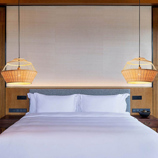 Asian Rattan Hand-Twisted Wood Ceiling Lamp: 1-Bulb Pendant Lighting For Bedside