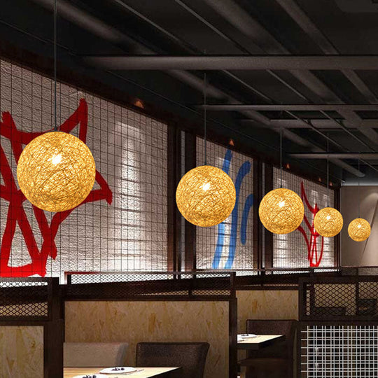 Handwoven Globe Pendant Light - Rattan 1 Bulb Asian Style Hanging Lamp Kit Beige