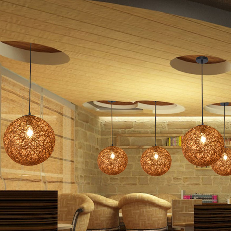 Handwoven Globe Pendant Light - Rattan 1 Bulb Asian Style Hanging Lamp Kit Coffee