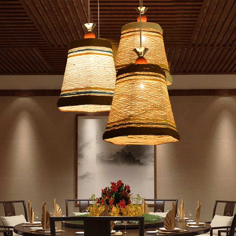 Chinese Bell Pendant Lamp: Rattan Fiber Single Hanging Light For Restaurants