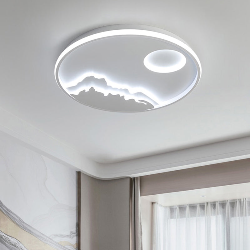 Modern LED Flush Ceiling Light with Artistic Acrylic White Ring and Mountain Decor