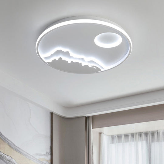 Modern LED Flush Ceiling Light with Artistic Acrylic White Ring and Mountain Decor