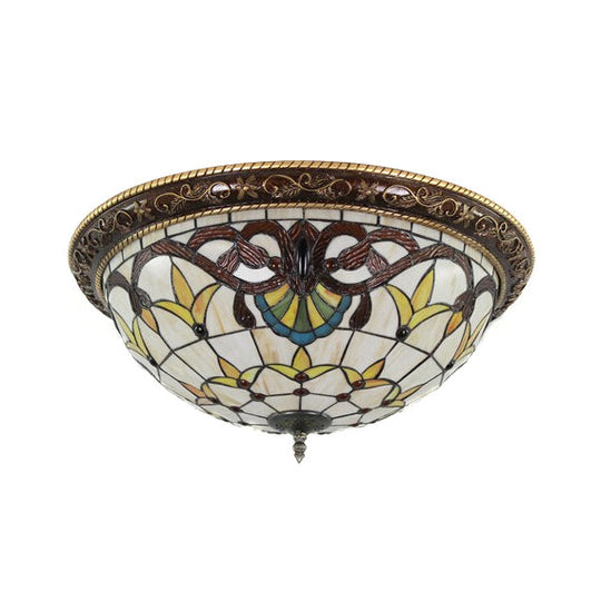 Victorian Stained Glass Half Globe Ceiling Light for Bedroom - Beige, 16"/19.5", 4 Lights, Flush Mount Fixture