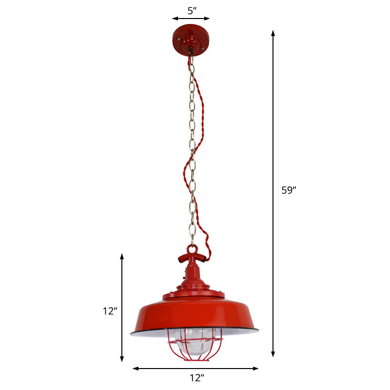 Industrial Metal Barn Shade Pendant Light - Red 1-Light Hanging Lamp with Wire and Chain