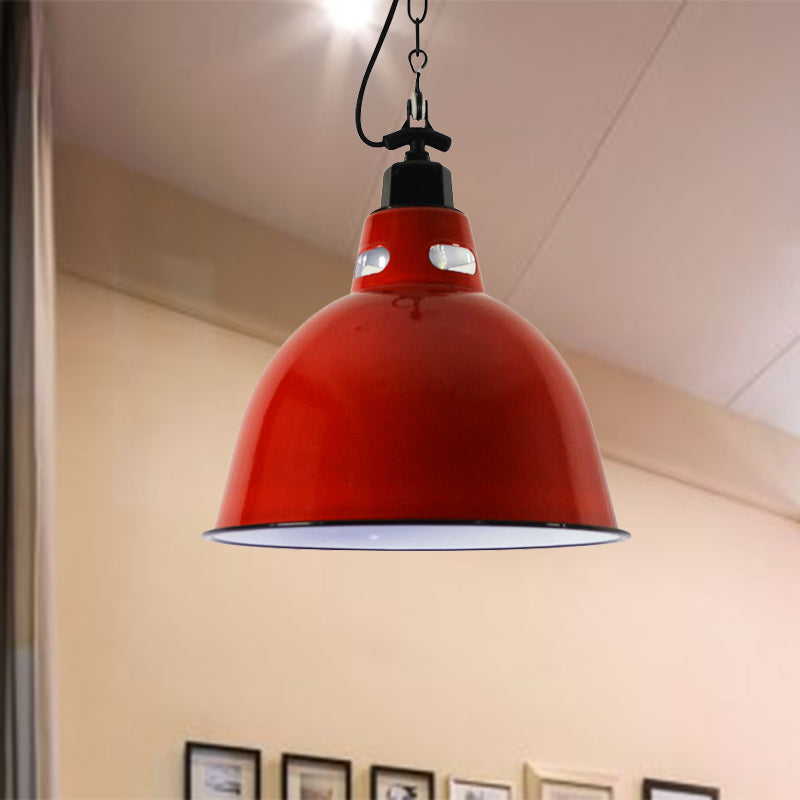 Dome Shade Industrial Metal Pendant Lamp - 1-Light Red Hanging Light with Wire and Chain - Perfect for Restaurants