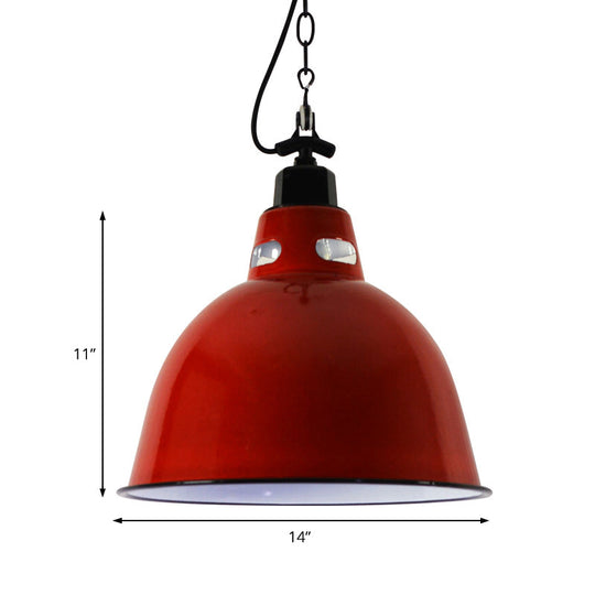 Dome Shade Industrial Metal Pendant Lamp - 1-Light Red Hanging Light with Wire and Chain - Perfect for Restaurants