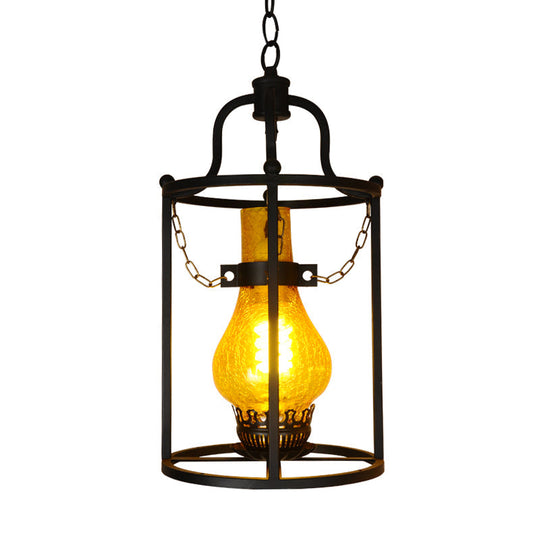 Vintage Metal Pendant Light with Black Cylinder Cage Shade - 1-Light Dining Room Hanging Lamp