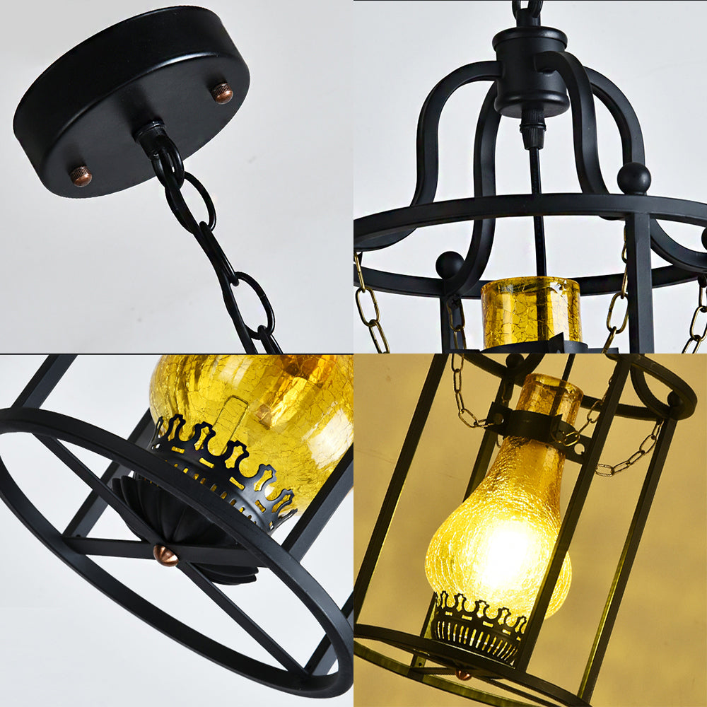 Black Metal Cage Pendant Light - Vintage Industrial Kitchen Dining Lamp