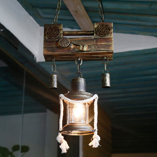 Brass Metal Lantern Pendant Light - Nautical Single Indoor Hanging Fixture With Rope