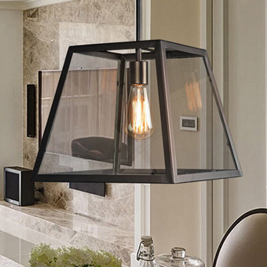 Trapezoid Pendant Light - Traditional 1-Light Suspension Lamp in Black, Metal and Glass