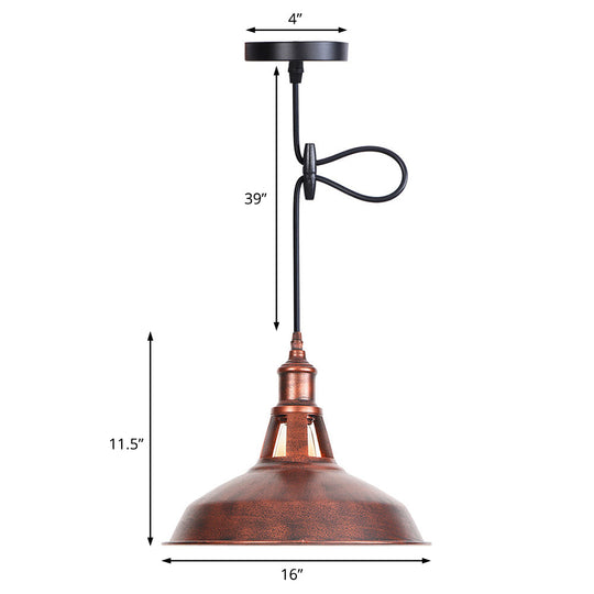 Wrought Iron Rust Pendant Lamp Barn 1-Light Retro Suspension Light for Living Room - 12"/16" Wide