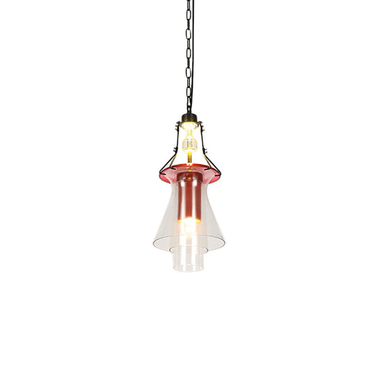 Industrial Red Clear Glass Pendant Light - 1 Cylinder/Cone Shape Hanging Ceiling Fixture In 12/19.5